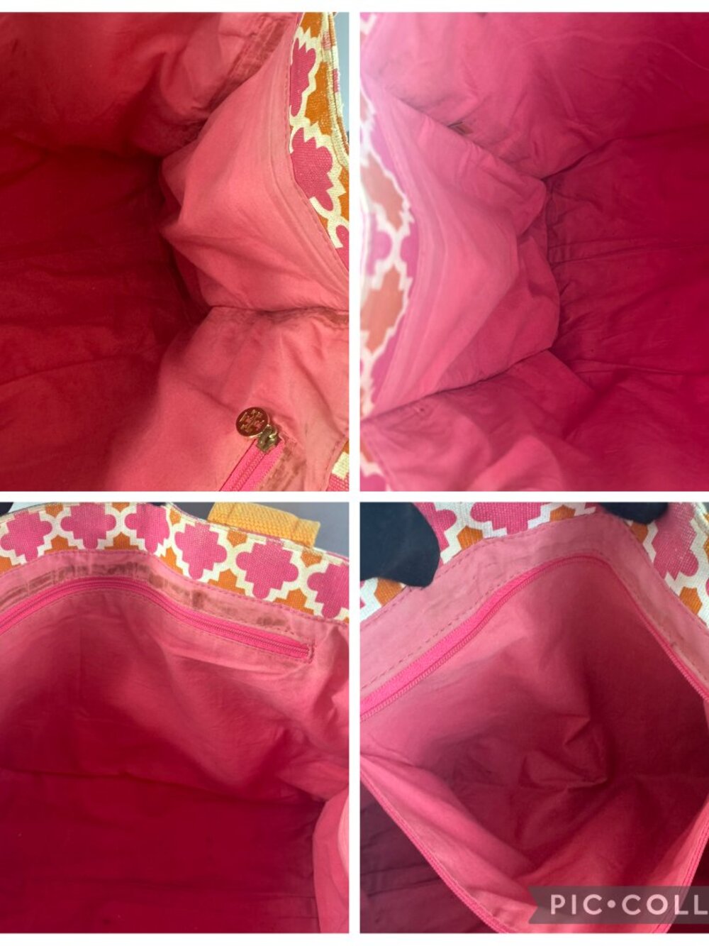 Tory Burch Orange/Pink Canvas w/Silver-tone Distressed Leather Large Tote Bag - Picture 14 of 15